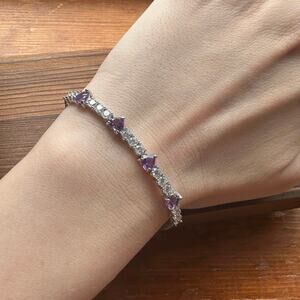 Real Amethyst Heart Bracelet | Adjustable Silver Tone | Birthstone Gift
